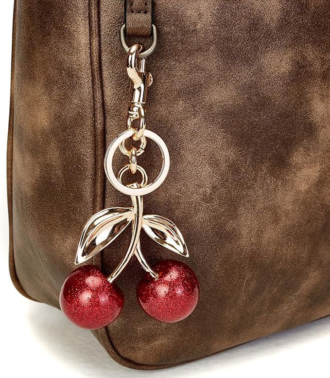 YDF Cherry Keychain Cute Bag Charm Women Leather Keyring Car Keys Gift Mother's Day Birthday Valentine's Purse Accessory