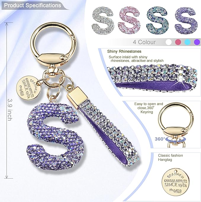 Pink Blue White Initial Letter Keychain Gift for Women Girls Bling Sparkly Cute Backpack Car Key Accessories Lanyard