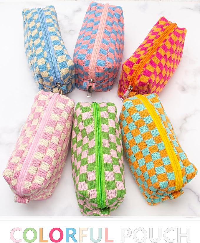 PAZIMIIK 2PCS Checkered Makeup Bag for Purse Portable Zipper Make Up Pouch Small Cosmetic Case for Travel Red Orange