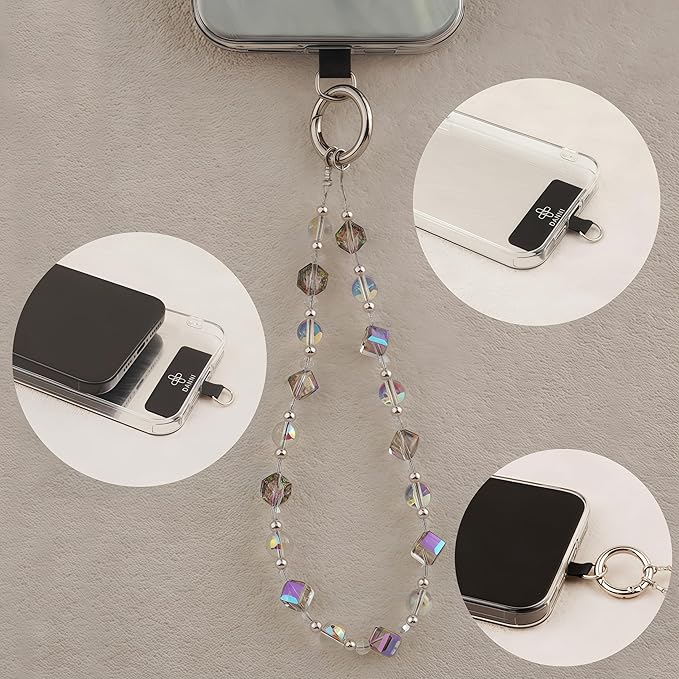 Cell Phone Wrist Strap Crystal Beaded Phone Bracelet Strap For Women Sparkling Beads Wristlet Lanyard Beaded Chain (Transparent Rainbow)