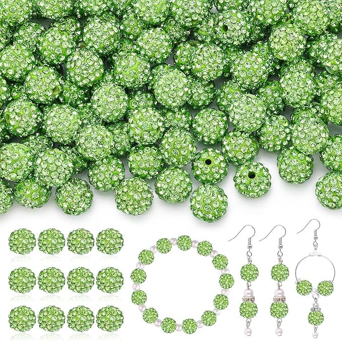 120pcs 10mm Rhinestone Beads for Jewelry Making, Light Green Shiny Round Shamballa Disco Ball Beads, Sparkle Crystal Clay Christmas for Bracelet Baseball Necklace Earring Crafting and DIY