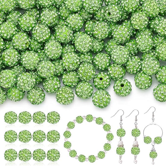 120pcs 10mm Rhinestone Beads for Jewelry Making, Light Green Shiny Round Shamballa Disco Ball Beads, Sparkle Crystal Clay Christmas for Bracelet Baseball Necklace Earring Crafting and DIY