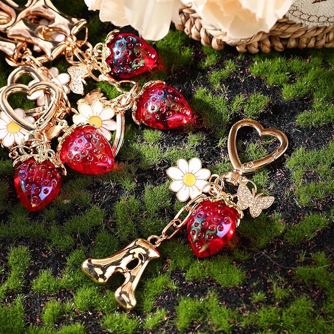 Strawberry Initial Keychain for Women-Cute Kawaii Gold Alphabet Bag Charms, Key chain Gift for Purse Handbag