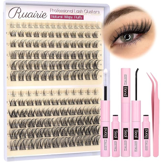 Ruairie Natural Lash Clusters Kit Wispy Lash Extension Kit 4 Styles Eyelash Extension Kit 143pcs Eyelash Clusters Kit D-Curly Individual Lashes Kit with Bottom Lash Clusters