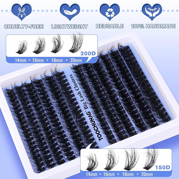 TOOCHUNAG Fluff Lash Clusters Thick Volume Individual Lashes 14-20mm Cluster Eyelash Extensions D Curly Long Eyelash Clusters for DIY Dramatic Lash Extension at Home