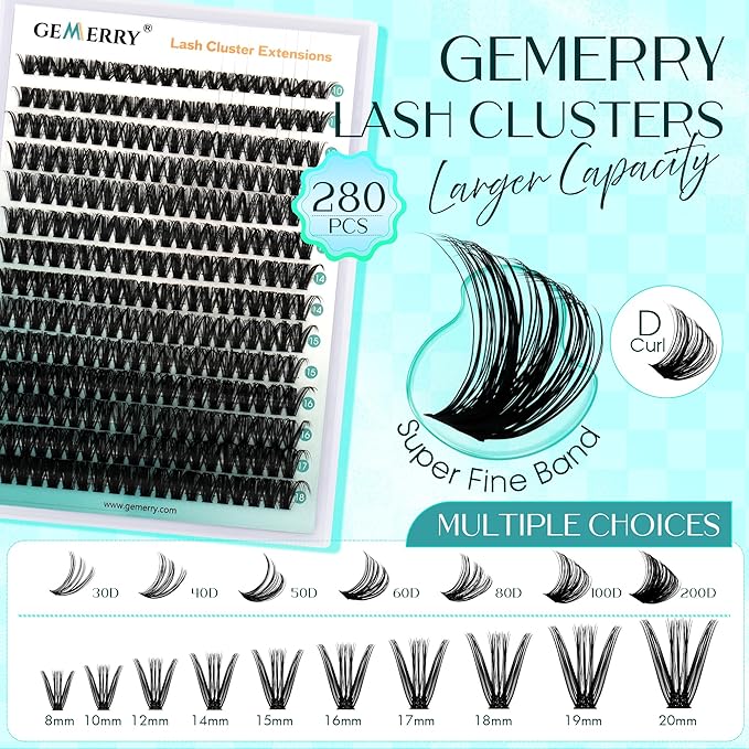 Lash Clusters GEMERRY 280pcs Clusters Lashes D Curl Soft&Natural Individual Lashes Cluster Eyelash Clusters DIY Lash Extensions at Home（40P-10-18mm)