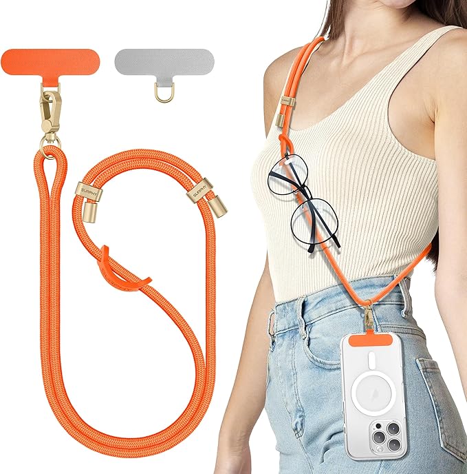 SURPHY Phone Lanyard, Adjustable Phone Strap Crossbody with 2 Pack Cell Phone Tether Tab, Premium Metal Buckles, Skin-Friendly, Universal Cell Phone Lanyard Crossbody for Women and Men, Orange