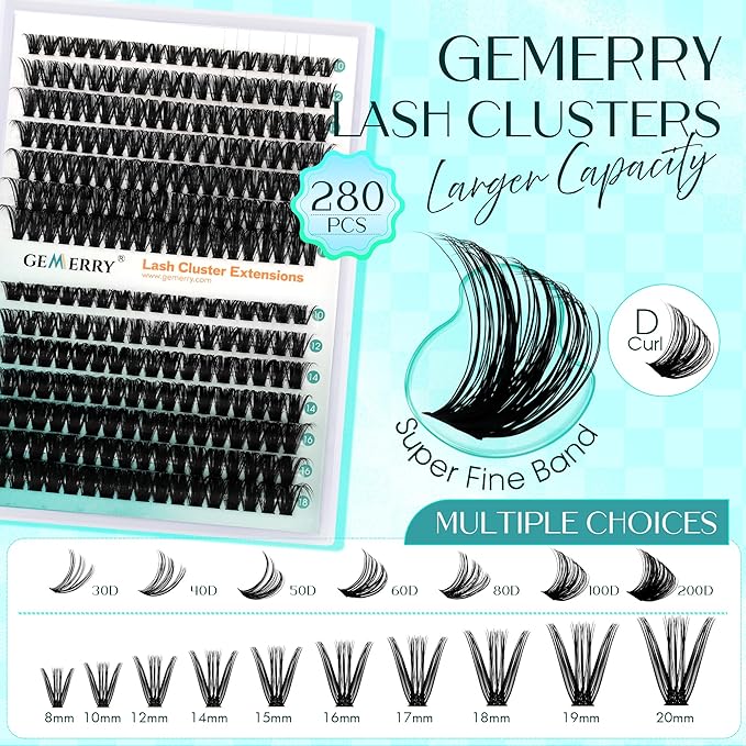 Lash Clusters GEMERRY 280pcs Clusters Lashes D Curl Soft&Natural Individual Lashes Cluster Eyelash Clusters DIY Lash Extensions at Home（30P+40P-10-18mm)