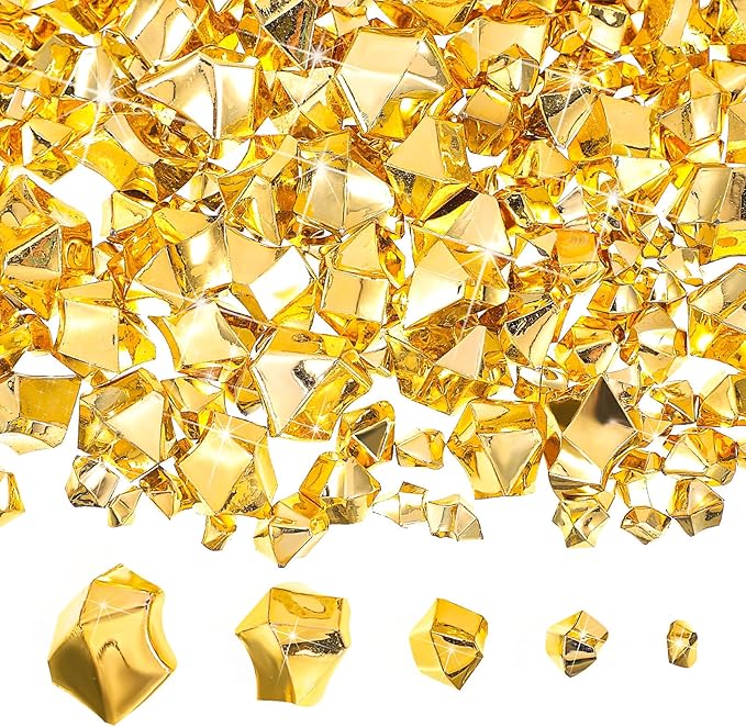 Syhood 570 Pcs 5 Sizes Gold Fake Gems Plastic Gold Rocks Jewels Acrylic Gems Crystals Fake Ice Crushed Rocks Vase Fillers Table Scatters Birthday Decoration Wedding Display