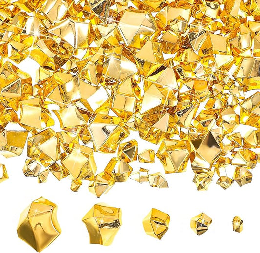 Syhood 570 Pcs 5 Sizes Gold Fake Gems Plastic Gold Rocks Jewels Acrylic Gems Crystals Fake Ice Crushed Rocks Vase Fillers Table Scatters Birthday Decoration Wedding Display