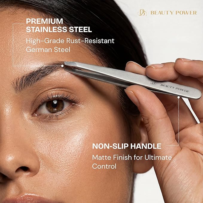 Beauty Power Professional Tweezers Set – Slant & Point, Ultra Precision German Stainless Steel Tweezers for Eyebrows, Chin, Ingrown Hair & Facial Grooming – Lightweight with Travel Case (Matte Grey)