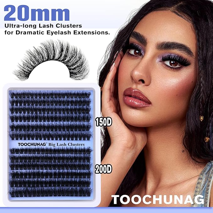 TOOCHUNAG Fluff Lash Clusters Thick Volume Individual Lashes 14-20mm Cluster Eyelash Extensions D Curly Long Eyelash Clusters for DIY Dramatic Lash Extension at Home