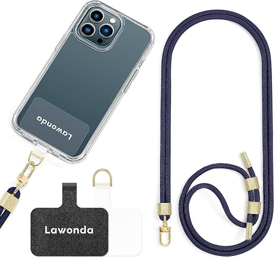Phone Lanyard Universal Crossbody Cell Phone Strap Anti-Theft Adjustable Neck Lanyard for iPhone 17 Pro Max 2pcs Phone Patchs Tether Pads Dark Blue