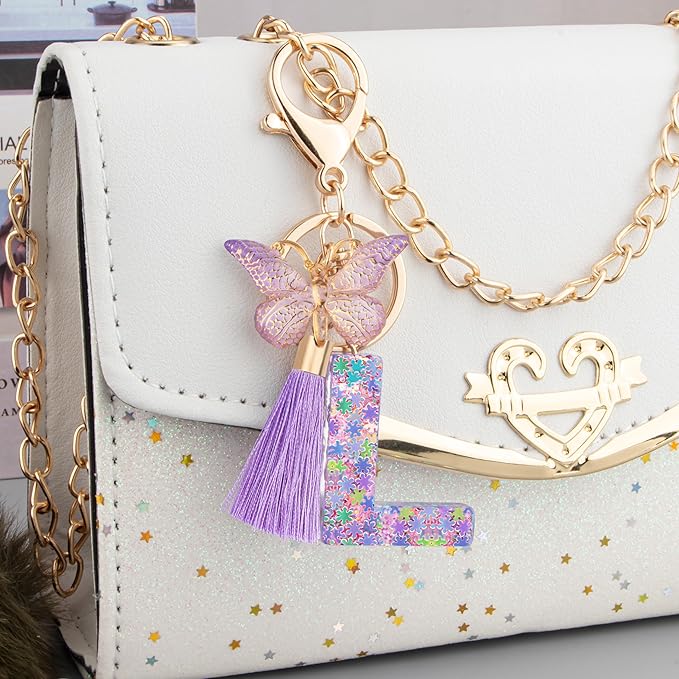 Suweibuke Cute Pink Key Chains for Women Girls, Initial Letter Keychains with Tassel, Charms for Key Purse Handbags Backpacks