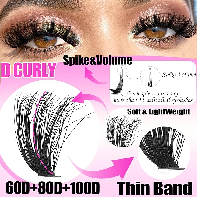 YIDUO Lash Clusters Kit with Spikes Bottom clusters Eyelash Extensions 808Pcs with 2X Bond&Seal 60D/80D/100D 3D Volume D Curl Wispy DIY Individual Lashes Large Pack for Beginners Choice