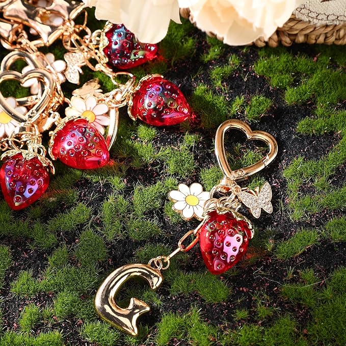 Strawberry Initial Keychain for Women-Cute Kawaii Gold Alphabet Bag Charms, Key chain Gift for Purse Handbag