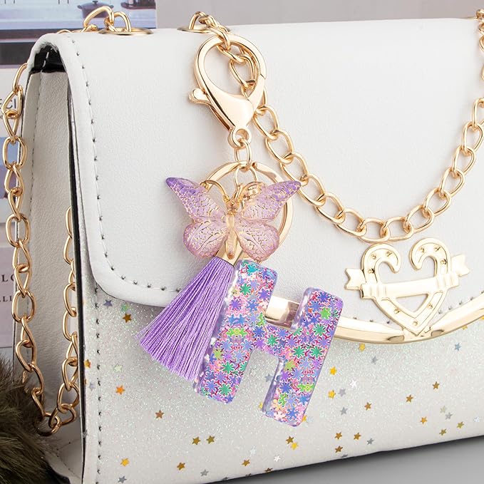 Suweibuke Cute Pink Key Chains for Women Girls, Initial Letter Keychains with Tassel, Charms for Key Purse Handbags Backpacks