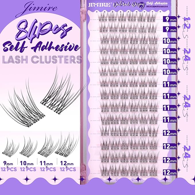 JIMIRE Self Adhesive Eyelashes Wispy Lash Clusters Natural Look 9-12MM Press on Lashes Self Adhesive Lash Clusters No Glue Needed Natural Pre Glued Lashes Clusters Reusable Invisible Band