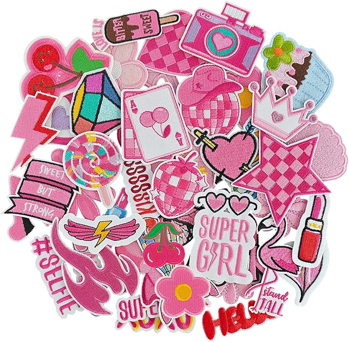 WILDREEDS 45Pcs Pink Iron on Patches for Girl, Preppy Iron on Sew on Embroidered Patches for Hats, Clothing, T-Shirt, Backpacks, Jeans, Jackets