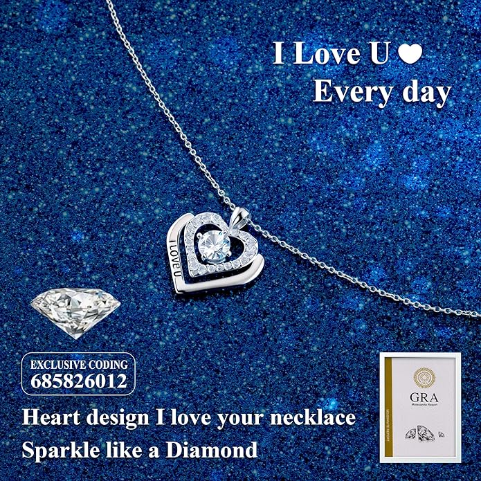 Moissanite Heart Necklaces for Women, Engraved 'I LOVE YOU' Gift for Women Girlfriend, Diamond Necklace for Women, 1-3 Carat Moissanite Necklace, Anniversary Valentines Birthday Gifts Present for Wife Women, Mom
