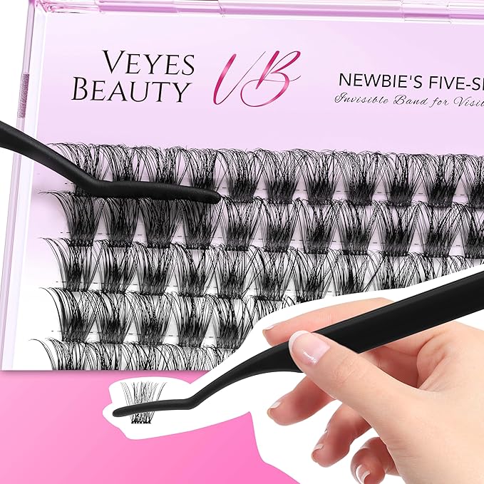 VEYESBEAUTY Lash Clusters Individual Eyelash Extensions Thin & Invisible Band DIY False Eyelashes for Self-application Newbie's Five-Second Series Wispy Lash Tray, Bomb 16mm Single Length