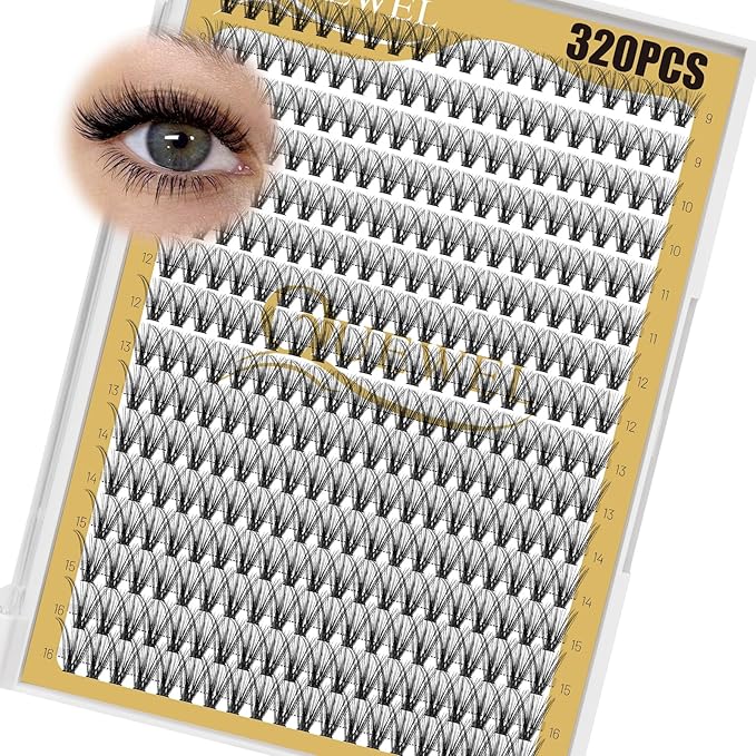QUEWEL Lash Clusters 320Pcs Cluster Lashes 30D D Curl Lash Cluster Eyelash Extensions Mix9-16mm Individual Eyelashes Clusters Wispy Lash Clusters Thin Band Soft to Use at Home(30D D Mix9-16)