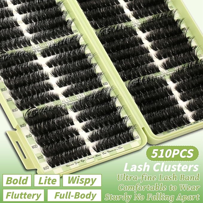 Gmagictobo Lash Clusters Kit Fluffy Wispy Lash Clusters C Curl Cluster Eyelash Extensions Cat Eye Lashes Clusters 510Pcs Volume Individual Lashes Lash Glue Lash Tweezers