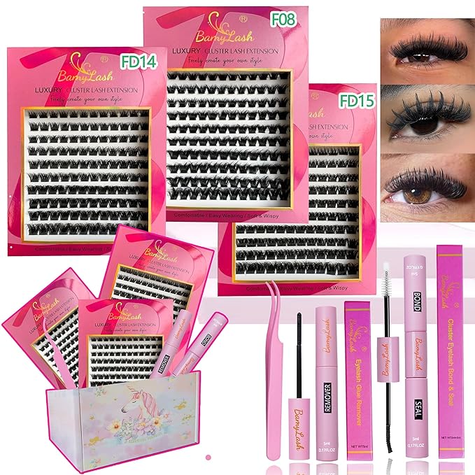 BamyLash DIY Cluster Lash Extension Kit, Professional Volume Eyelash Set, Black (F08+FD14+FD15 Lash Set)
