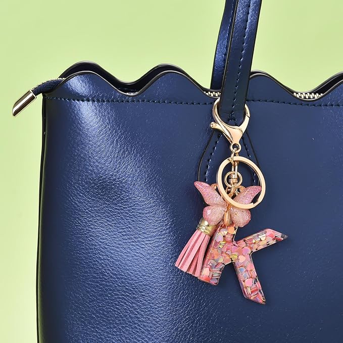 Fashion Alphabet Initial Letter Keychain Tassel Butterfly Pendant Key Ring for Purse Handbags Women Girl