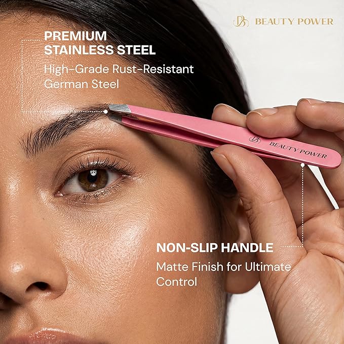 Beauty Power Professional Tweezers in Case - Slant, Durable Lightweight German Stainless Steel, Ultra Precision Tweezers for Eyebrows, Facial Hair, Chin, and Ingrown Hair Removal - Gift (Pink)
