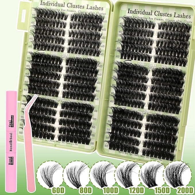 Gmagictobo Lash Clusters Fluffy 80D 100D 150D 200D C Curl Lash Clusters Kit 430Pcs DIY Cluster Eyelash Extensions Eyelash Clusters Cat Eye Lashes Clusters Eyelash Extensions Lash Glue Lash Tweezers