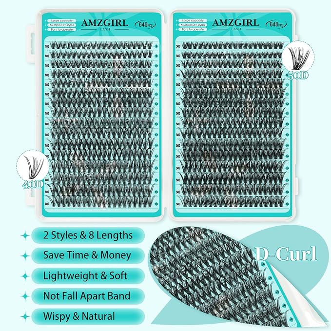 Lash Clusters 2 Style Cluster Lashes 640PCS Eyelash Extension 40D+50D Cluster Lashes Individual Lashes DIY Lash Extension Natural Black Cluster Eyelash Extensions at Home for Beginners(D-Mix9-16mm)