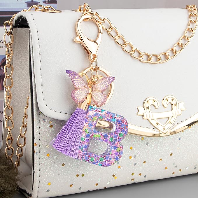 Suweibuke Cute Pink Key Chains for Women Girls, Initial Letter Keychains with Tassel, Charms for Key Purse Handbags Backpacks