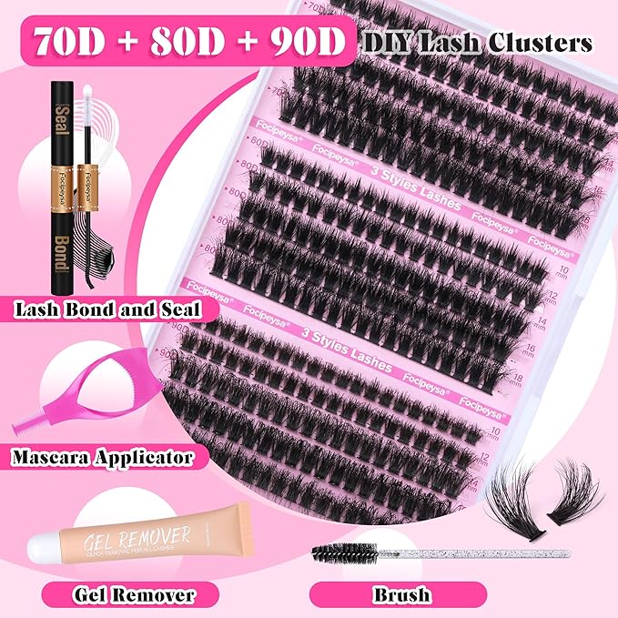 Full Volume Eyelash Extension Kit Thick Lash Extension Kit Lash Clusters Individual Eyelashes Kit with Lash Bond and Seal, Lash Remover DIY Eyelash Extension Kit for Beginner by Focipeysa
