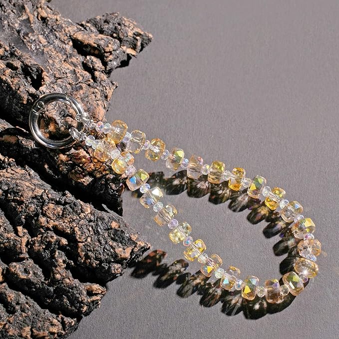Crystal Beaded Phone Wrist Strap Glass Beads Bracelet Lanyard Crystal Chain Cell Phone Wristlet Strap for Women (Honey)