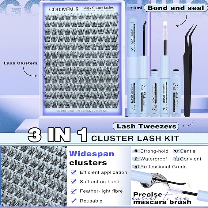 Natural Lash Clusters Kit for DIY Lash Extension 3 in 1 Eyelash Clusters Kit Wispy Individual Lashes C Curl Cluster Eyelash Extensions kit with 132pcs10-16mm
