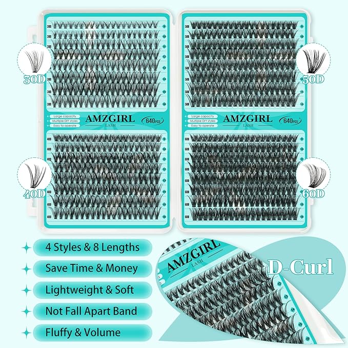 Lash Clusters 4 Style Cluster Lashes 640PCS Eyelash Extension 30D+40D+50D+60D Individual Lashes DIY Lash Extension Natural Black Cluster Eyelash Extensions at Home for Beginners(D-Mix9-16mm)
