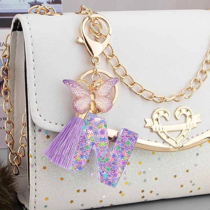 Suweibuke Cute Pink Key Chains for Women Girls, Initial Letter Keychains with Tassel, Charms for Key Purse Handbags Backpacks
