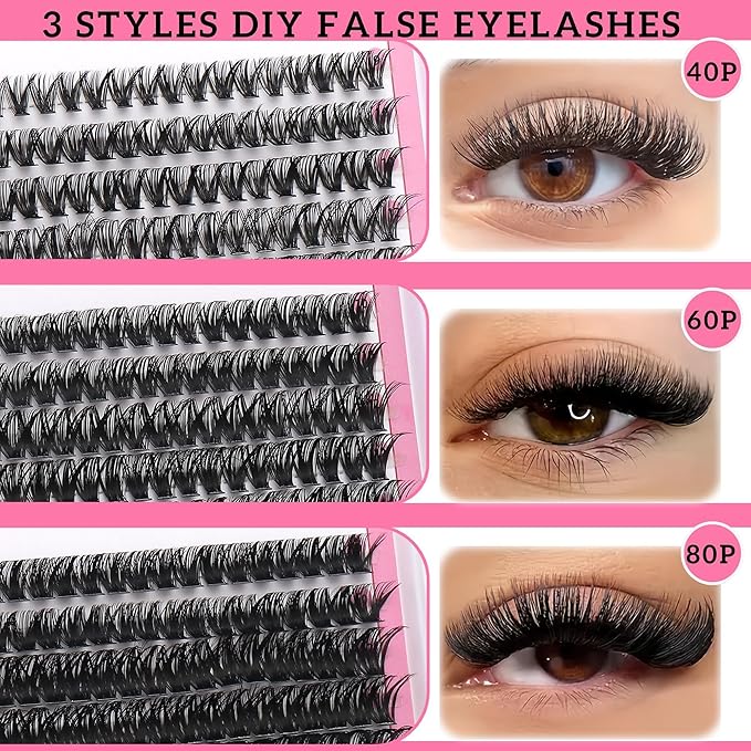 YIDUO 3 Styles Lashes Cluster Kit 720Pcs Eyelash Extensions Kit 40P+60P+80P 8-18mm D Curl Volume False Eyelashes DIY Individual Wispy Fake Eye Lashes Combo Packs with Bond&Seal |Tweezers | Removers