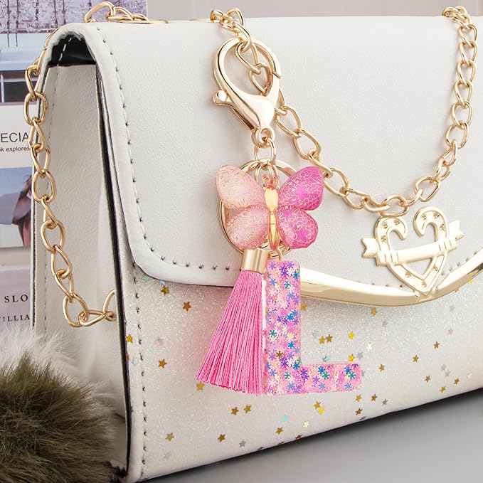 Suweibuke Cute Pink Key Chains for Women Girls, Initial Letter Keychains with Tassel, Charms for Key Purse Handbags Backpacks