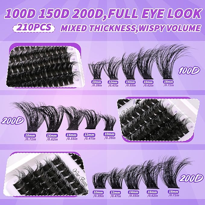 Lash Clusters 3 Densities (100D/150D/200D) Mixed Length 10-18mm DIY Eyelash Extensions Kit 210 Clusters Handmade Soft Lashes with Glue Sealant Remover & Tweezers Sensitive Eye Friendly for Daily