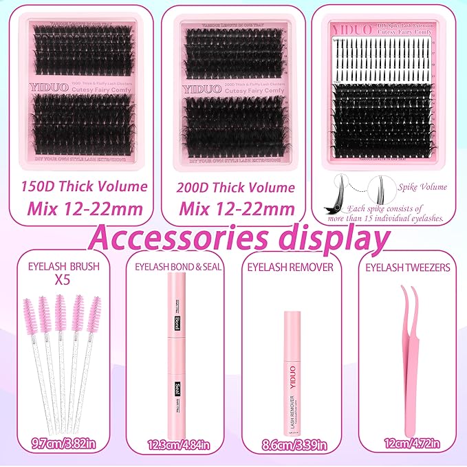 YIDUO 575Pcs Lashes Clusters Kit with Glue and Removers, D Curl Volume 150D+200D Thick+Spiky Lashes Extension, 12-21mm Thick Extension Eyelashes DIY Individual False Eyelash Kit DIY at Home Easily