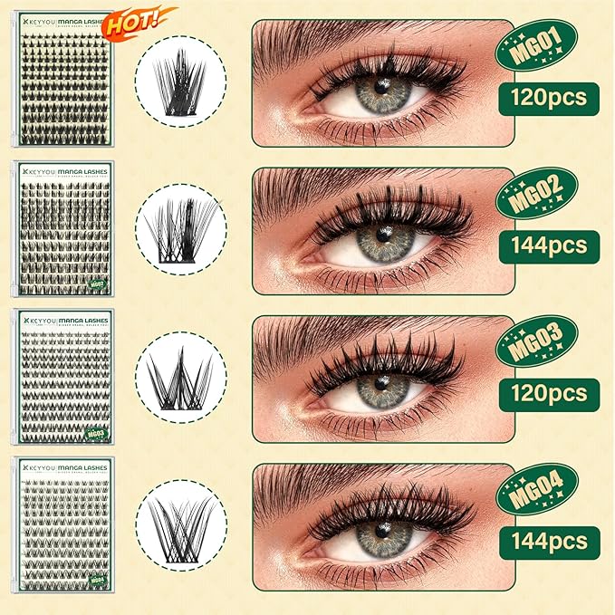 KEYYOU LASH Manga Lash Clusters Kit 8-18mm Eyelash Clusters Kit DIY Lash Extension Kit Natural Fairy Cluster Lashes with Lash Bond Seal Remover Applicator Soft Thin Band(MG02)