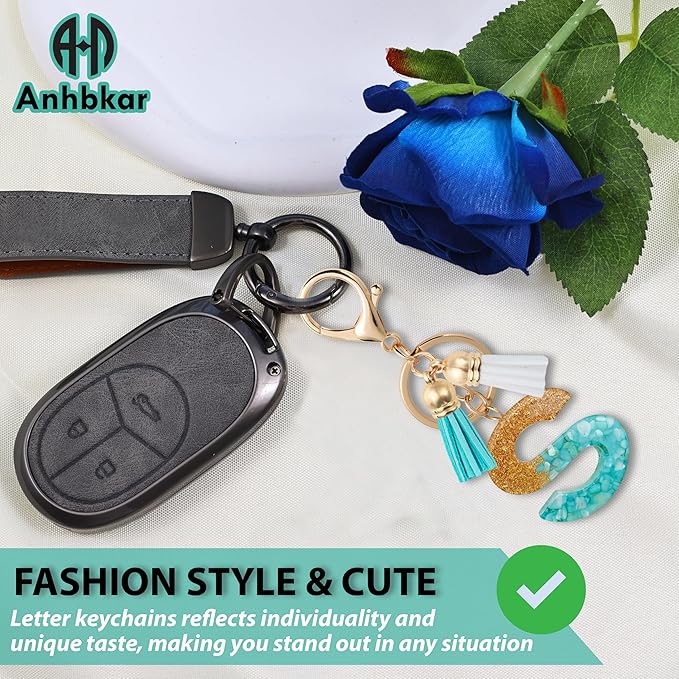 Initial Letter Keychain Cute Resin with 2 PU Tassel, Letter Keychain for Backpack Charms, Initial Keychains for Women