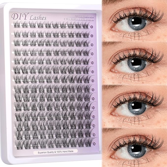 Wispy Natural Lash Clusters Kit Natural Lash Invisible Lash Band Cluster Eyelash Extensions Kit 8-16mm Individual Lashes Extension DIY D Curl Eyelash with Waterproof Clear Lash Band Clusters
