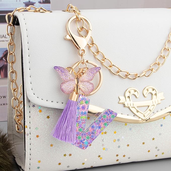 Suweibuke Cute Pink Key Chains for Women Girls, Initial Letter Keychains with Tassel, Charms for Key Purse Handbags Backpacks