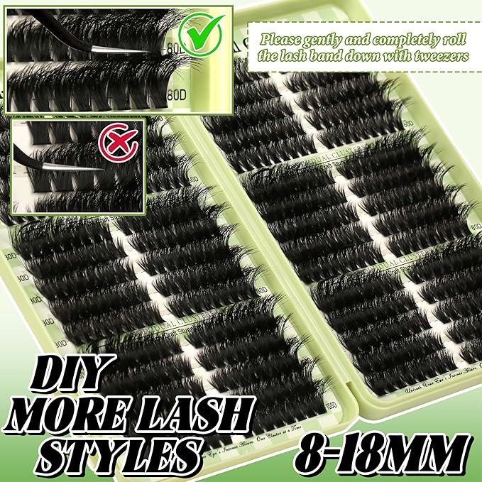 Gmagictobo Lash Clusters Kit Natural Cat Eye Lash Clusters Fluffy Volume 520Pcs DIY Individual Lashes Clusters Lash Extension Kit Thin Band Wispy Eyelash Clusters Lash Bond and Seal Lash Tweezers