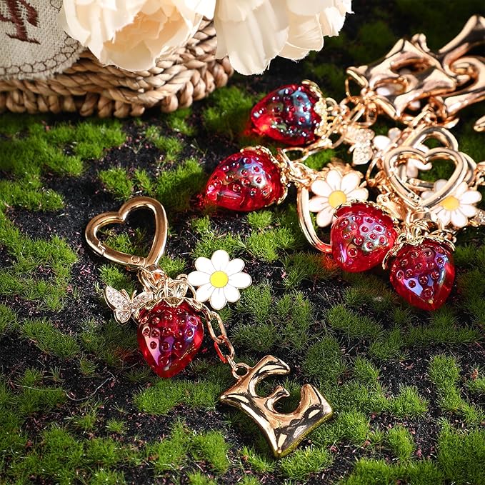 Strawberry Initial Keychain for Women-Cute Kawaii Gold Alphabet Bag Charms, Key chain Gift for Purse Handbag