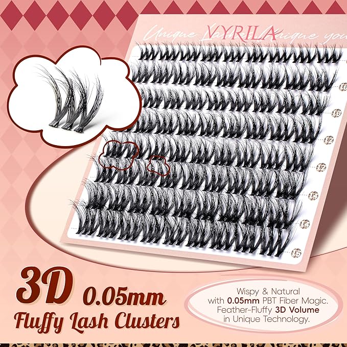 VYRILA Lash Clusters 0.05mm PBT Fiber Eyelash Clusters, 0.1mm Superfine Invisiband D Curl Diy Lash Extension, 72pcs 8-16mm Individual Lashes Clusters Like Eyelash Extensions (Exotic-D-8-16Mix)