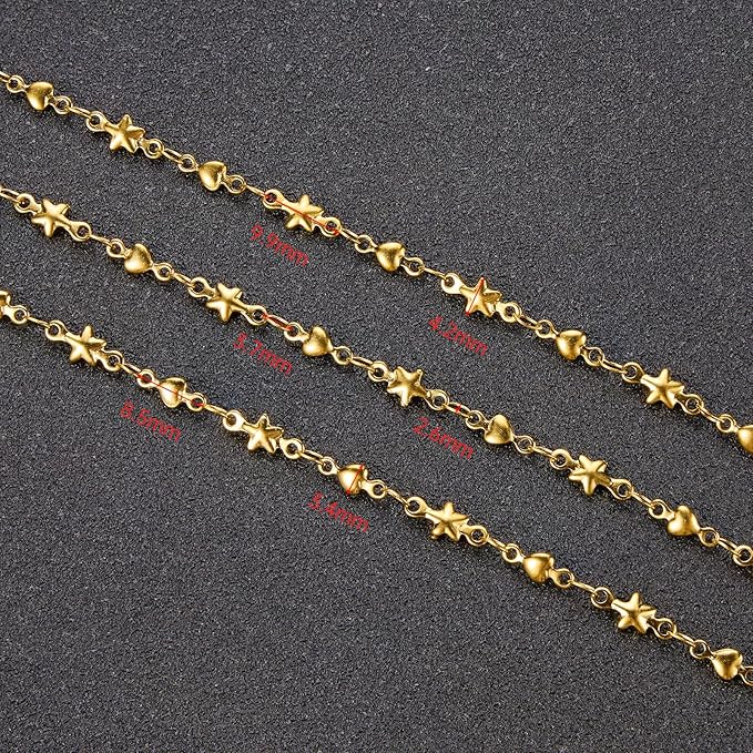 UMAOKANG 13 Feet Gold Plated Chain for Jewelry Making Stainless Steel Star Heart Chain on Spool with Jump Rings and Lobster Clasps